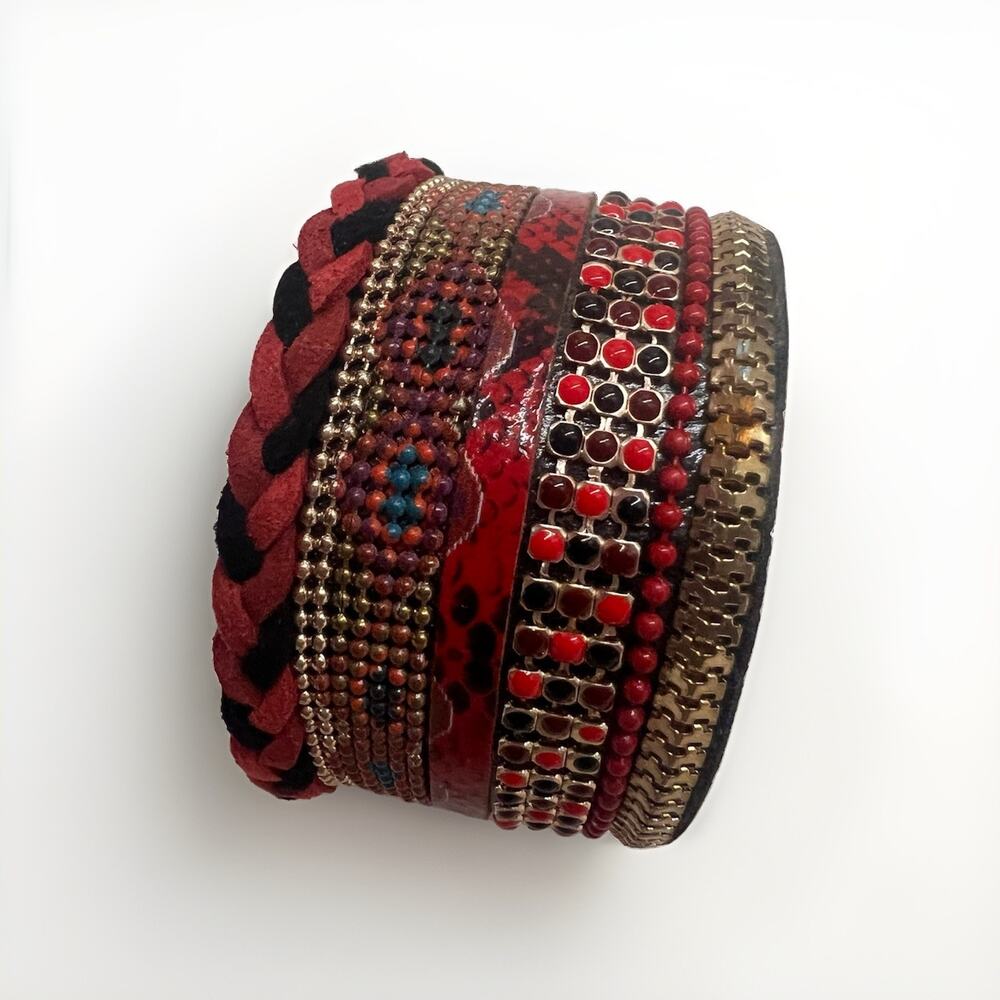 Italian Leather Bangle Cuff Bracelet Beaded Red Inlay Handmade